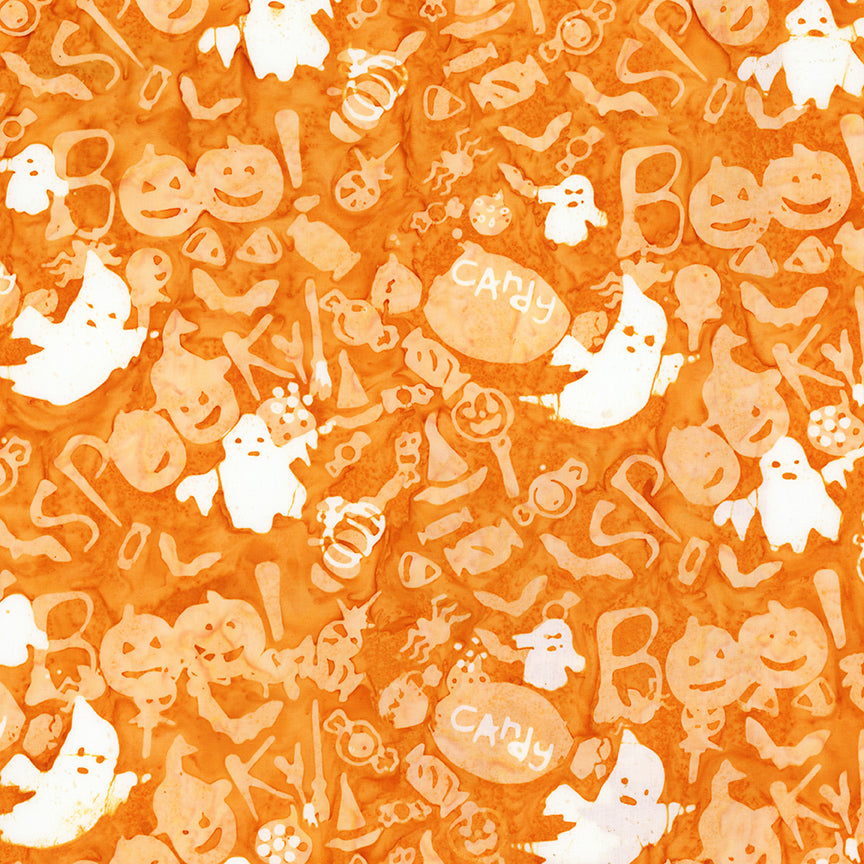 Fabric pattern canyon:  A lively layout displaying spooky faces, stylized bats, candy corn, and "Boo" spelled out alongside pumpkins on orange background from The Whispering Hollows collection which features fun Halloween images, with colors invoking midnight skies, as well as favorite seasonal hues. The Batiks Collections by Riley Blake are produced in state-of-the-art facilities with the best Tjap designers and makers, color experts, and stamp prodigies.