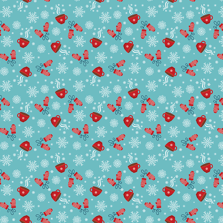 Pattern Cocoa Blue Powder and White featuring a fun, novelty print that celebrates the cozy season with steaming cups of hot chocolate, cute mittens, and tiny floating snowflakes. Pattern is part of the A Perfect Winter Fabric collection by Lori Whitlock for Riley Blake Designs is a festive 100% cotton line. It features a cozy palette of icy blues, powder white, and rich red. This collection is perfect for winter projects, quilts, apparel, and home decor.