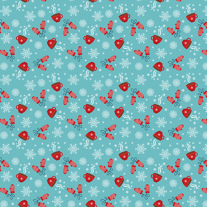 Pattern Cocoa Blue Powder and White featuring a fun, novelty print that celebrates the cozy season with steaming cups of hot chocolate, cute mittens, and tiny floating snowflakes. Pattern is part of the A Perfect Winter Fabric collection by Lori Whitlock for Riley Blake Designs is a festive 100% cotton line. It features a cozy palette of icy blues, powder white, and rich red. This collection is perfect for winter projects, quilts, apparel, and home decor.