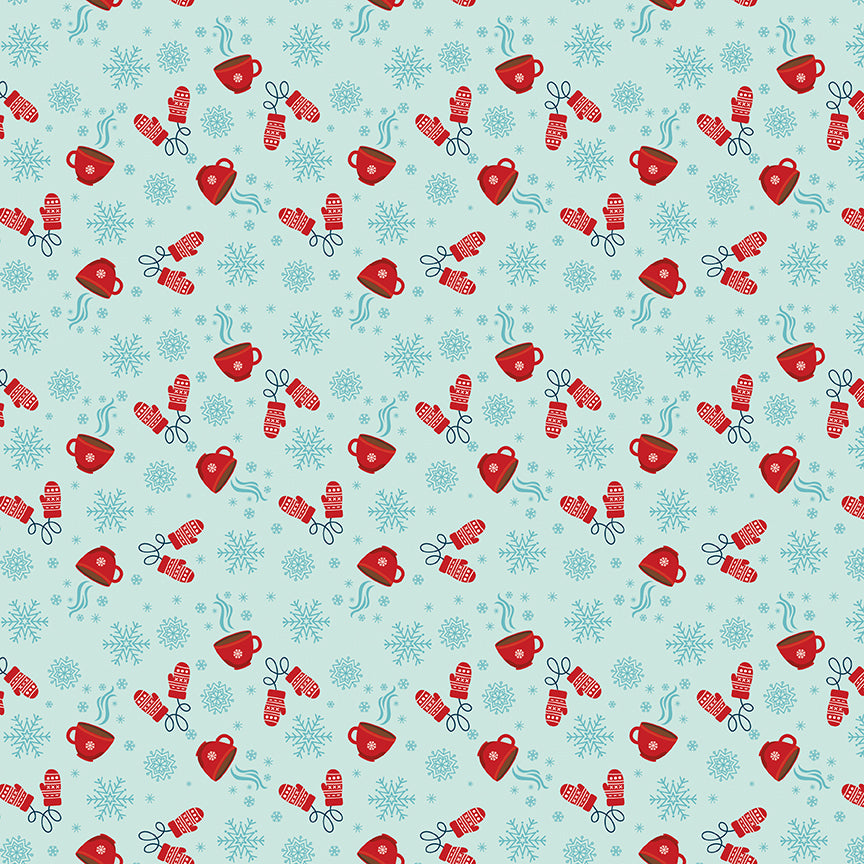 Pattern Cocoa Blue Powder and White featuring a fun, novelty print that celebrates the cozy season with steaming cups of hot chocolate, cute mittens, and tiny floating snowflakes. Pattern is part of the A Perfect Winter Fabric collection by Lori Whitlock for Riley Blake Designs is a festive 100% cotton line. It features a cozy palette of icy blues, powder white, and rich red. This collection is perfect for winter projects, quilts, apparel, and home decor.