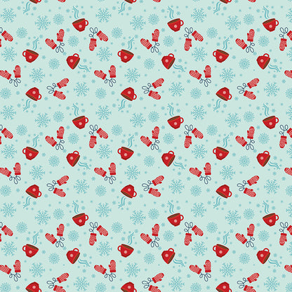 Pattern Cocoa Blue Powder and White featuring a fun, novelty print that celebrates the cozy season with steaming cups of hot chocolate, cute mittens, and tiny floating snowflakes. Pattern is part of the A Perfect Winter Fabric collection by Lori Whitlock for Riley Blake Designs is a festive 100% cotton line. It features a cozy palette of icy blues, powder white, and rich red. This collection is perfect for winter projects, quilts, apparel, and home decor.
