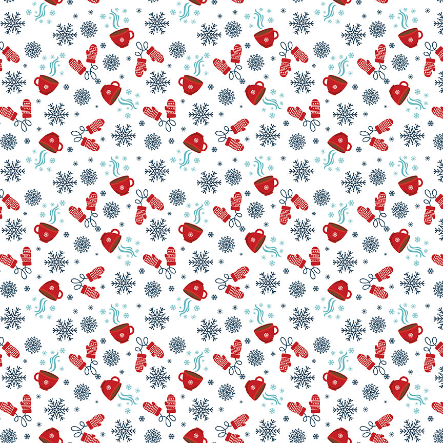 Pattern Cocoa Blue Powder and White featuring a fun, novelty print that celebrates the cozy season with steaming cups of hot chocolate, cute mittens, and tiny floating snowflakes. Pattern is part of the A Perfect Winter Fabric collection by Lori Whitlock for Riley Blake Designs is a festive 100% cotton line. It features a cozy palette of icy blues, powder white, and rich red. This collection is perfect for winter projects, quilts, apparel, and home decor.