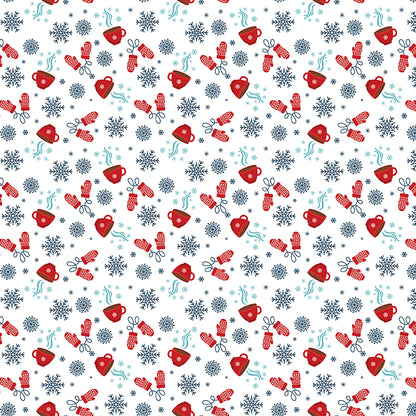 Pattern Cocoa Blue Powder and White featuring a fun, novelty print that celebrates the cozy season with steaming cups of hot chocolate, cute mittens, and tiny floating snowflakes. Pattern is part of the A Perfect Winter Fabric collection by Lori Whitlock for Riley Blake Designs is a festive 100% cotton line. It features a cozy palette of icy blues, powder white, and rich red. This collection is perfect for winter projects, quilts, apparel, and home decor.
