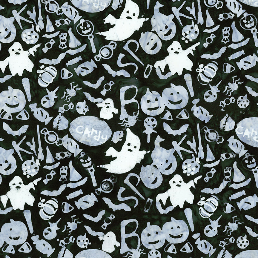 Fabric pattern Dancing Lights:  A lively layout displaying spooky faces, stylized bats, candy corn, and "Boo" spelled out alongside pumpkins on dark background from The Whispering Hollows collection which features fun Halloween images, with colors invoking midnight skies, as well as favorite seasonal hues. The Batiks Collections by Riley Blake are produced in state-of-the-art facilities with the best Tjap designers and makers, color experts, and stamp prodigies.