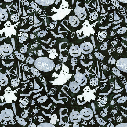 Fabric pattern Dancing Lights:  A lively layout displaying spooky faces, stylized bats, candy corn, and "Boo" spelled out alongside pumpkins on dark background from The Whispering Hollows collection which features fun Halloween images, with colors invoking midnight skies, as well as favorite seasonal hues. The Batiks Collections by Riley Blake are produced in state-of-the-art facilities with the best Tjap designers and makers, color experts, and stamp prodigies.