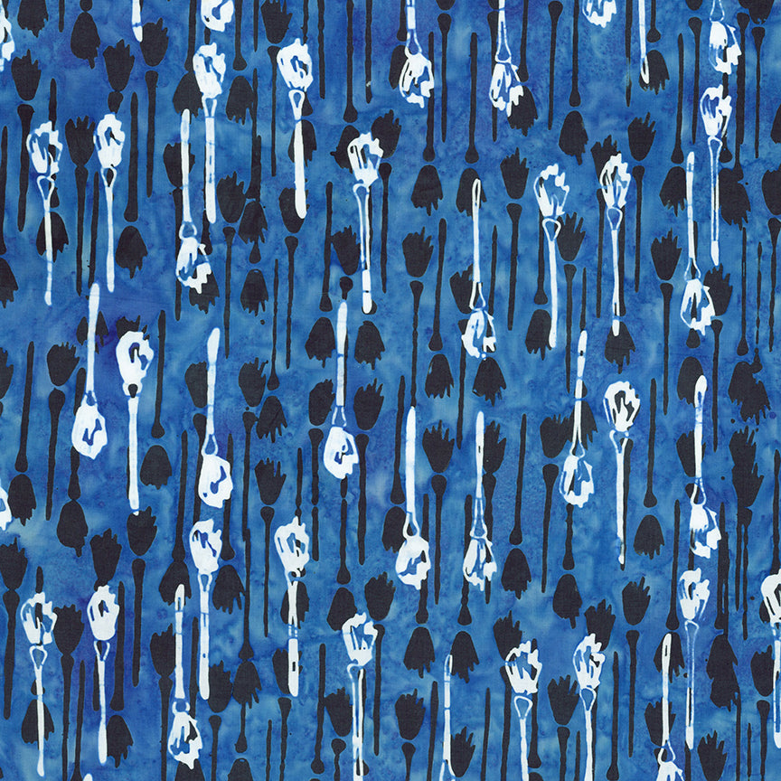Fabric pattern Dark Skies:  scattered broomsticks on rich dark blue background from The Whispering Hollows collection which features fun Halloween images, with colors invoking midnight skies, as well as favorite seasonal hues. The Batiks Collections by Riley Blake are produced in state-of-the-art facilities with the best Tjap designers and makers, color experts, and stamp prodigies.