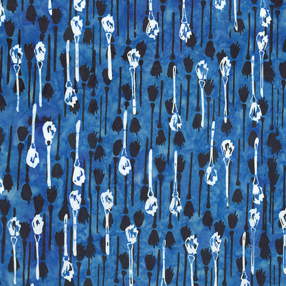 Fabric pattern Dark Skies:  scattered broomsticks on rich dark blue background from The Whispering Hollows collection which features fun Halloween images, with colors invoking midnight skies, as well as favorite seasonal hues. The Batiks Collections by Riley Blake are produced in state-of-the-art facilities with the best Tjap designers and makers, color experts, and stamp prodigies.