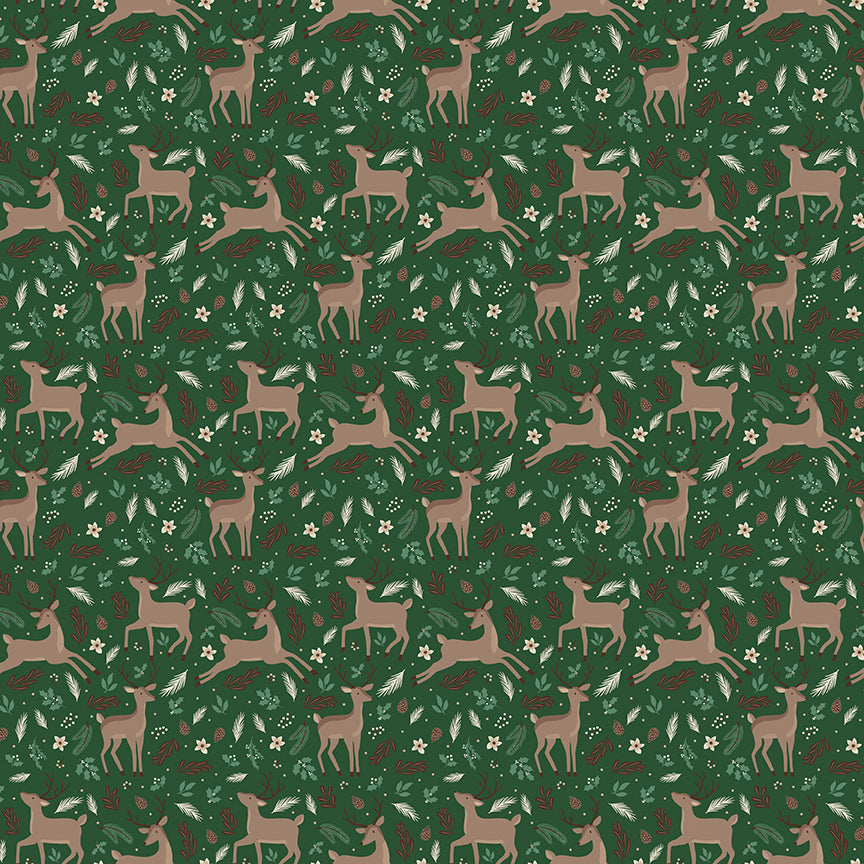 Fabric pattern Deer Forest: A whimsical woodland scene showcasing majestic deer, winter trees, and falling snowflakes. Background Colors: Forest, Linen, and Red from The Christmas Time fabric collection by Dani Mogstad for Riley Blake Designs features nostalgic, vintage-inspired holiday look. It captures the charm of the season with woodland deer, vintage Santas, and holiday foliage. The collection spans a classic palette of red, green, and neutral tones.