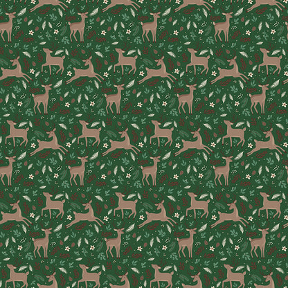 Fabric pattern Deer Forest: A whimsical woodland scene showcasing majestic deer, winter trees, and falling snowflakes. Background Colors: Forest, Linen, and Red from The Christmas Time fabric collection by Dani Mogstad for Riley Blake Designs features nostalgic, vintage-inspired holiday look. It captures the charm of the season with woodland deer, vintage Santas, and holiday foliage. The collection spans a classic palette of red, green, and neutral tones.