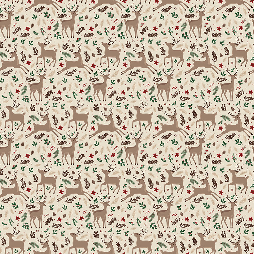 Fabric pattern Deer Forest: A whimsical woodland scene showcasing majestic deer, winter trees, and falling snowflakes. Background Colors: Forest, Linen, and Red from The Christmas Time fabric collection by Dani Mogstad for Riley Blake Designs features nostalgic, vintage-inspired holiday look. It captures the charm of the season with woodland deer, vintage Santas, and holiday foliage. The collection spans a classic palette of red, green, and neutral tones.