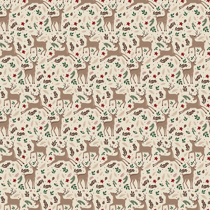 Fabric pattern Deer Forest: A whimsical woodland scene showcasing majestic deer, winter trees, and falling snowflakes. Background Colors: Forest, Linen, and Red from The Christmas Time fabric collection by Dani Mogstad for Riley Blake Designs features nostalgic, vintage-inspired holiday look. It captures the charm of the season with woodland deer, vintage Santas, and holiday foliage. The collection spans a classic palette of red, green, and neutral tones.