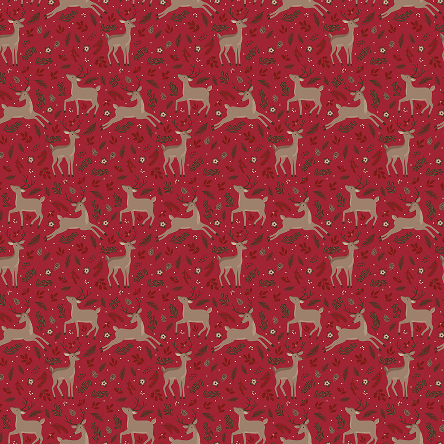 Fabric pattern Deer Forest: A whimsical woodland scene showcasing majestic deer, winter trees, and falling snowflakes. Background Colors: Forest, Linen, and Red from The Christmas Time fabric collection by Dani Mogstad for Riley Blake Designs features nostalgic, vintage-inspired holiday look. It captures the charm of the season with woodland deer, vintage Santas, and holiday foliage. The collection spans a classic palette of red, green, and neutral tones.
