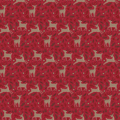 Fabric pattern Deer Forest: A whimsical woodland scene showcasing majestic deer, winter trees, and falling snowflakes. Background Colors: Forest, Linen, and Red from The Christmas Time fabric collection by Dani Mogstad for Riley Blake Designs features nostalgic, vintage-inspired holiday look. It captures the charm of the season with woodland deer, vintage Santas, and holiday foliage. The collection spans a classic palette of red, green, and neutral tones.
