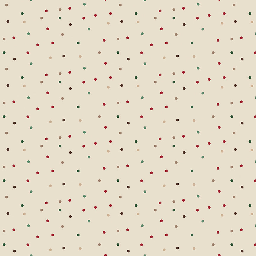 Fabric pattern Dots: Solid color backgrounds with randomly placed dots, Background Colors: Forest, Linen, and Red from The Christmas Time fabric collection by Dani Mogstad for Riley Blake Designs features nostalgic, vintage-inspired holiday look. It captures the charm of the season with woodland deer, vintage Santas, and holiday foliage. The collection spans a classic palette of red, green, and neutral tones.