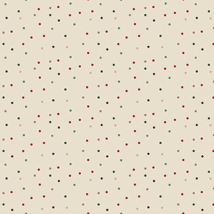 Fabric pattern Dots: Solid color backgrounds with randomly placed dots, Background Colors: Forest, Linen, and Red from The Christmas Time fabric collection by Dani Mogstad for Riley Blake Designs features nostalgic, vintage-inspired holiday look. It captures the charm of the season with woodland deer, vintage Santas, and holiday foliage. The collection spans a classic palette of red, green, and neutral tones.