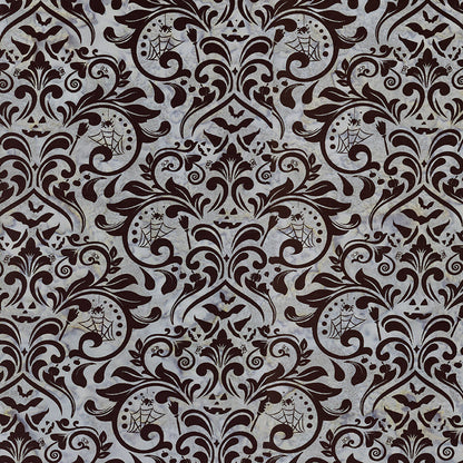 Fabric pattern Embrace the Grey:  a gothic damask pattern dyed on grey background from The Whispering Hollows collection which features fun Halloween images, with colors invoking midnight skies, as well as favorite seasonal hues. The Batiks Collections by Riley Blake are produced in state-of-the-art facilities with the best Tjap designers and makers, color experts, and stamp prodigies.