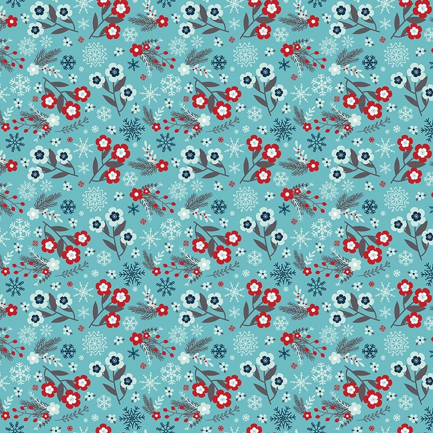 Pattern Flowers in Blue, Powder and White featuring A delicate design composed of mid-sized floral sprigs, pine needles, berries, and little snowflakes..  Pattern is part of the A Perfect Winter Fabric collection by Lori Whitlock for Riley Blake Designs is a festive 100% cotton line. It features a cozy palette of icy blues, powder white, and rich red. This collection is perfect for winter projects, quilts, apparel, and home decor.