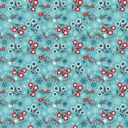 Pattern Flowers in Blue, Powder and White featuring A delicate design composed of mid-sized floral sprigs, pine needles, berries, and little snowflakes..  Pattern is part of the A Perfect Winter Fabric collection by Lori Whitlock for Riley Blake Designs is a festive 100% cotton line. It features a cozy palette of icy blues, powder white, and rich red. This collection is perfect for winter projects, quilts, apparel, and home decor.