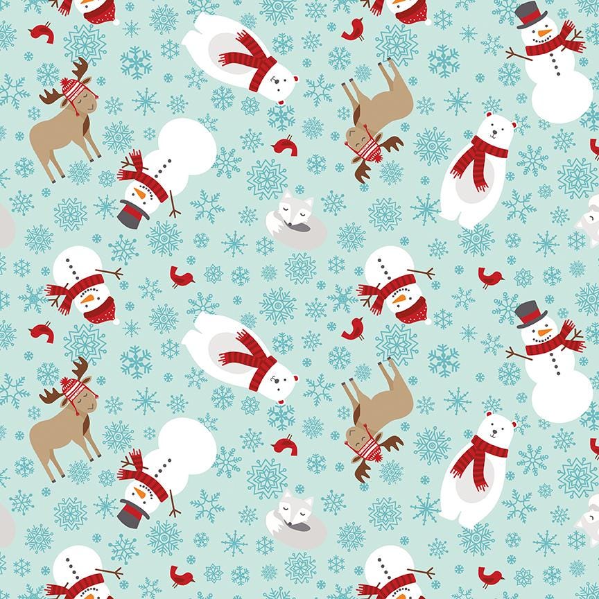 Pattern Main in Blue, Navy and Powder which feature an all-over novelty pattern of cheerful snowmen, cartoon polar bears, cardinals, playful moose, and foxes.  Pattern is part of the A Perfect Winter Fabric collection by Lori Whitlock for Riley Blake Designs is a festive 100% cotton line. It features a cozy palette of icy blues, powder white, and rich red. This collection is perfect for winter projects, quilts, apparel, and home decor.