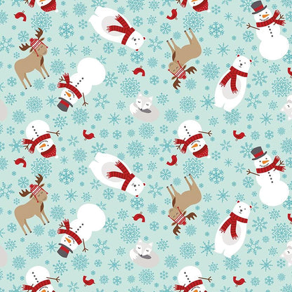 Pattern Main in Blue, Navy and Powder which feature an all-over novelty pattern of cheerful snowmen, cartoon polar bears, cardinals, playful moose, and foxes.  Pattern is part of the A Perfect Winter Fabric collection by Lori Whitlock for Riley Blake Designs is a festive 100% cotton line. It features a cozy palette of icy blues, powder white, and rich red. This collection is perfect for winter projects, quilts, apparel, and home decor.