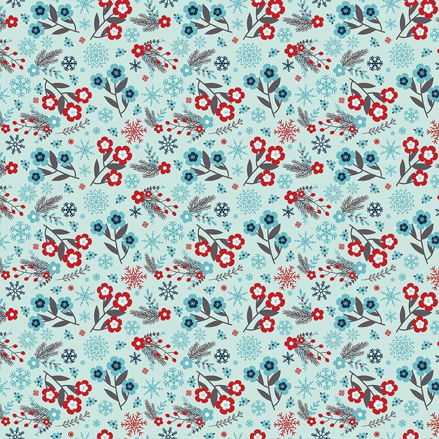 Pattern Flowers in Blue, Powder and White featuring A delicate design composed of mid-sized floral sprigs, pine needles, berries, and little snowflakes..  Pattern is part of the A Perfect Winter Fabric collection by Lori Whitlock for Riley Blake Designs is a festive 100% cotton line. It features a cozy palette of icy blues, powder white, and rich red. This collection is perfect for winter projects, quilts, apparel, and home decor.