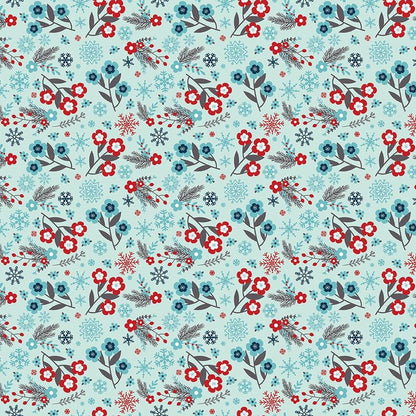 Pattern Flowers in Blue, Powder and White featuring A delicate design composed of mid-sized floral sprigs, pine needles, berries, and little snowflakes..  Pattern is part of the A Perfect Winter Fabric collection by Lori Whitlock for Riley Blake Designs is a festive 100% cotton line. It features a cozy palette of icy blues, powder white, and rich red. This collection is perfect for winter projects, quilts, apparel, and home decor.