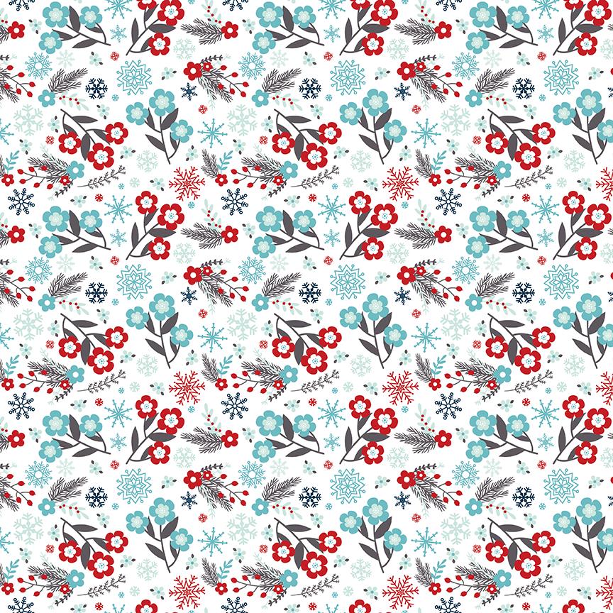 Pattern Flowers in Blue, Powder and White featuring A delicate design composed of mid-sized floral sprigs, pine needles, berries, and little snowflakes..  Pattern is part of the A Perfect Winter Fabric collection by Lori Whitlock for Riley Blake Designs is a festive 100% cotton line. It features a cozy palette of icy blues, powder white, and rich red. This collection is perfect for winter projects, quilts, apparel, and home decor.