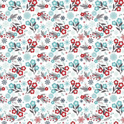 Pattern Flowers in Blue, Powder and White featuring A delicate design composed of mid-sized floral sprigs, pine needles, berries, and little snowflakes..  Pattern is part of the A Perfect Winter Fabric collection by Lori Whitlock for Riley Blake Designs is a festive 100% cotton line. It features a cozy palette of icy blues, powder white, and rich red. This collection is perfect for winter projects, quilts, apparel, and home decor.