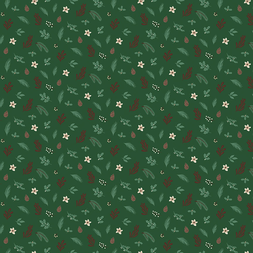 Fabric pattern Foliage: An all-over botanical print featuring winter branches, pine needles, berries, and pinecones. Background Colors: Forest, Linen, and Red from The Christmas Time fabric collection by Dani Mogstad for Riley Blake Designs features nostalgic, vintage-inspired holiday look. It captures the charm of the season with woodland deer, vintage Santas, and holiday foliage. The collection spans a classic palette of red, green, and neutral tones.