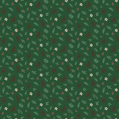 Fabric pattern Foliage: An all-over botanical print featuring winter branches, pine needles, berries, and pinecones. Background Colors: Forest, Linen, and Red from The Christmas Time fabric collection by Dani Mogstad for Riley Blake Designs features nostalgic, vintage-inspired holiday look. It captures the charm of the season with woodland deer, vintage Santas, and holiday foliage. The collection spans a classic palette of red, green, and neutral tones.