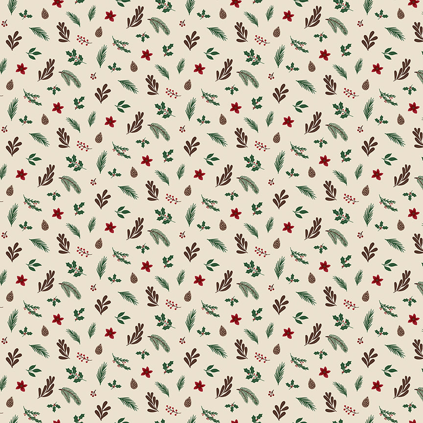 Fabric pattern Foliage: An all-over botanical print featuring winter branches, pine needles, berries, and pinecones. Background Colors: Forest, Linen, and Red from The Christmas Time fabric collection by Dani Mogstad for Riley Blake Designs features nostalgic, vintage-inspired holiday look. It captures the charm of the season with woodland deer, vintage Santas, and holiday foliage. The collection spans a classic palette of red, green, and neutral tones.