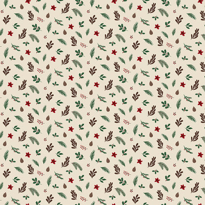 Fabric pattern Foliage: An all-over botanical print featuring winter branches, pine needles, berries, and pinecones. Background Colors: Forest, Linen, and Red from The Christmas Time fabric collection by Dani Mogstad for Riley Blake Designs features nostalgic, vintage-inspired holiday look. It captures the charm of the season with woodland deer, vintage Santas, and holiday foliage. The collection spans a classic palette of red, green, and neutral tones.