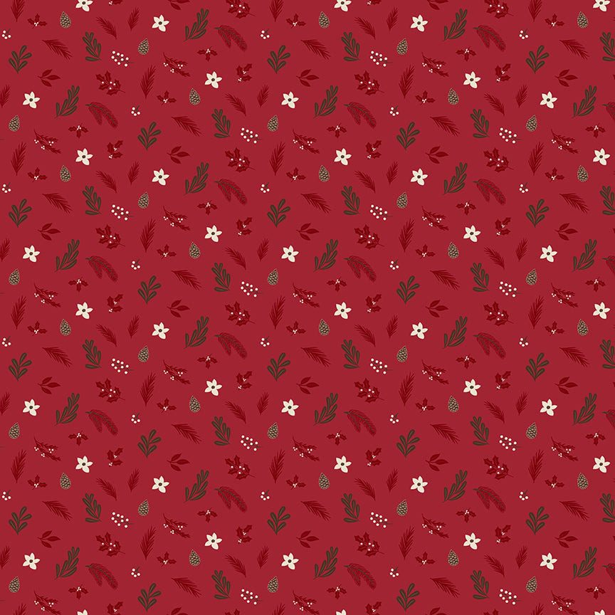 Fabric pattern Foliage: An all-over botanical print featuring winter branches, pine needles, berries, and pinecones. Background Colors: Forest, Linen, and Red from The Christmas Time fabric collection by Dani Mogstad for Riley Blake Designs features nostalgic, vintage-inspired holiday look. It captures the charm of the season with woodland deer, vintage Santas, and holiday foliage. The collection spans a classic palette of red, green, and neutral tones.