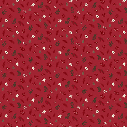 Fabric pattern Foliage: An all-over botanical print featuring winter branches, pine needles, berries, and pinecones. Background Colors: Forest, Linen, and Red from The Christmas Time fabric collection by Dani Mogstad for Riley Blake Designs features nostalgic, vintage-inspired holiday look. It captures the charm of the season with woodland deer, vintage Santas, and holiday foliage. The collection spans a classic palette of red, green, and neutral tones.