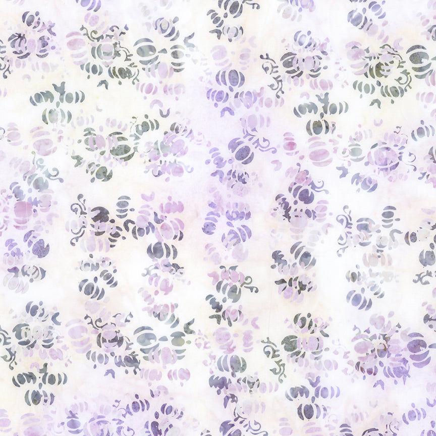 Fabric pattern Grey whisper: tie dye white with grey and purple hues with scattered pumpkin shapes from The Whispering Hollows collection which features fun Halloween images, with colors invoking midnight skies, as well as favorite seasonal hues. The Batiks Collections by Riley Blake are produced in state-of-the-art facilities with the best Tjap designers and makers, color experts, and stamp prodigies.