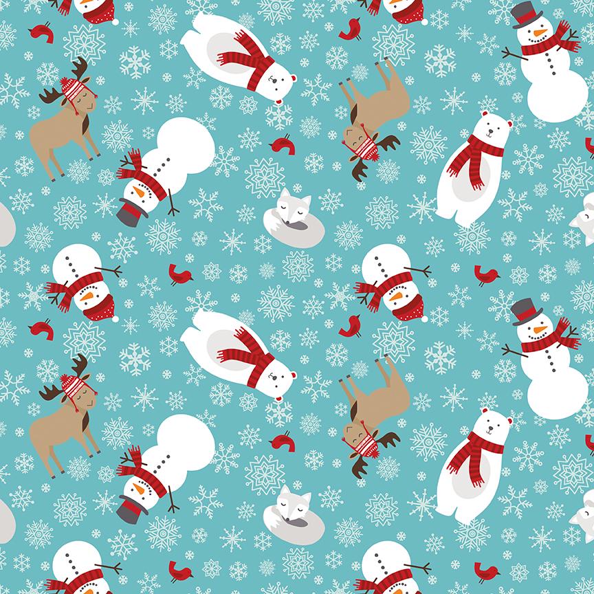 Pattern Main in Blue, Navy and Powder which feature an all-over novelty pattern of cheerful snowmen, cartoon polar bears, cardinals, playful moose, and foxes.  Pattern is part of the A Perfect Winter Fabric collection by Lori Whitlock for Riley Blake Designs is a festive 100% cotton line. It features a cozy palette of icy blues, powder white, and rich red. This collection is perfect for winter projects, quilts, apparel, and home decor.