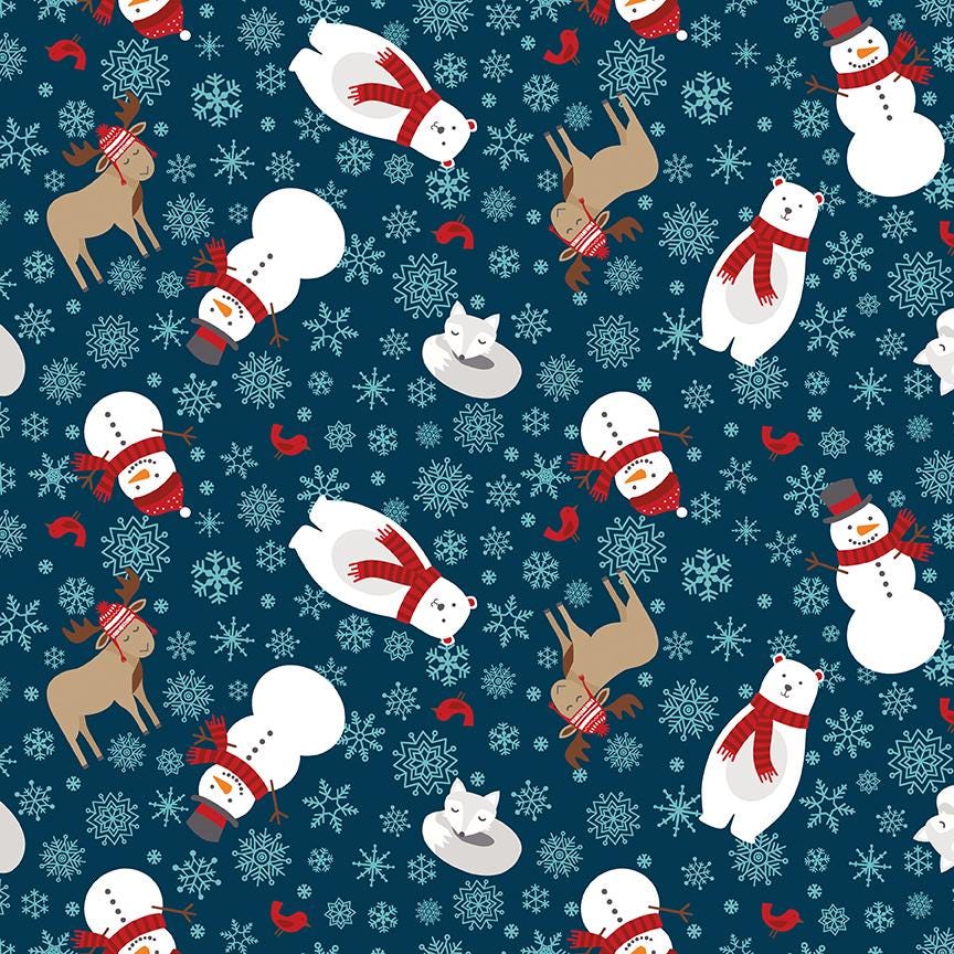 Pattern Main in Blue, Navy and Powder which feature an all-over novelty pattern of cheerful snowmen, cartoon polar bears, cardinals, playful moose, and foxes.  Pattern is part of the A Perfect Winter Fabric collection by Lori Whitlock for Riley Blake Designs is a festive 100% cotton line. It features a cozy palette of icy blues, powder white, and rich red. This collection is perfect for winter projects, quilts, apparel, and home decor.