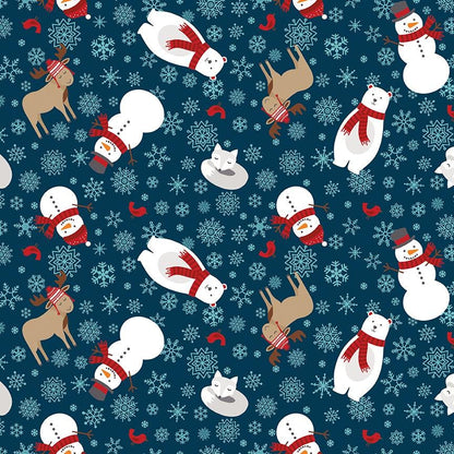 Pattern Main in Blue, Navy and Powder which feature an all-over novelty pattern of cheerful snowmen, cartoon polar bears, cardinals, playful moose, and foxes.  Pattern is part of the A Perfect Winter Fabric collection by Lori Whitlock for Riley Blake Designs is a festive 100% cotton line. It features a cozy palette of icy blues, powder white, and rich red. This collection is perfect for winter projects, quilts, apparel, and home decor.