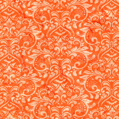 Fabric pattern Melon Swirl:  a gothic damask pattern dyed on orange like background from The Whispering Hollows collection which features fun Halloween images, with colors invoking midnight skies, as well as favorite seasonal hues. The Batiks Collections by Riley Blake are produced in state-of-the-art facilities with the best Tjap designers and makers, color experts, and stamp prodigies.