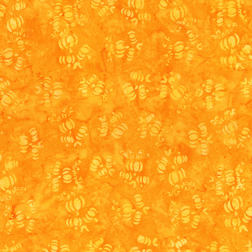 Fabric pattern Pumpkin : hand dyed orange fabrics with scattered pumpkin shapes from The Whispering Hollows collection which features fun Halloween images, with colors invoking midnight skies, as well as favorite seasonal hues. The Batiks Collections by Riley Blake are produced in state-of-the-art facilities with the best Tjap designers and makers, color experts, and stamp prodigies.