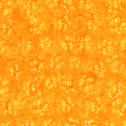 Fabric pattern Pumpkin : hand dyed orange fabrics with scattered pumpkin shapes from The Whispering Hollows collection which features fun Halloween images, with colors invoking midnight skies, as well as favorite seasonal hues. The Batiks Collections by Riley Blake are produced in state-of-the-art facilities with the best Tjap designers and makers, color experts, and stamp prodigies.