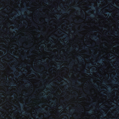 Fabric pattern Raven:  a gothic damask pattern dyed on dark background from The Whispering Hollows collection which features fun Halloween images, with colors invoking midnight skies, as well as favorite seasonal hues. The Batiks Collections by Riley Blake are produced in state-of-the-art facilities with the best Tjap designers and makers, color experts, and stamp prodigies.