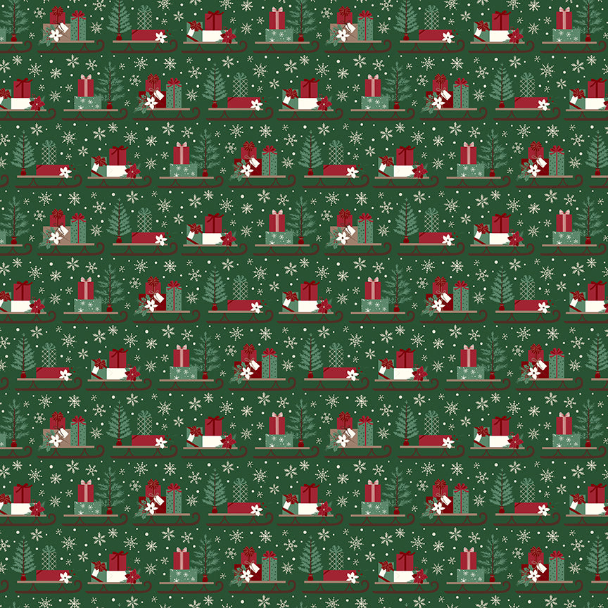Fabric pattern Sleds: A playful toss print of vintage sleighs stacked with wrapped presents and pine sprigs. Background Colors: Forest, Linen, and Tan from The Christmas Time fabric collection by Dani Mogstad for Riley Blake Designs features nostalgic, vintage-inspired holiday look. It captures the charm of the season with woodland deer, vintage Santas, and holiday foliage. The collection spans a classic palette of red, green, and neutral tones.