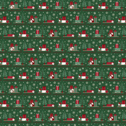 Fabric pattern Sleds: A playful toss print of vintage sleighs stacked with wrapped presents and pine sprigs. Background Colors: Forest, Linen, and Tan from The Christmas Time fabric collection by Dani Mogstad for Riley Blake Designs features nostalgic, vintage-inspired holiday look. It captures the charm of the season with woodland deer, vintage Santas, and holiday foliage. The collection spans a classic palette of red, green, and neutral tones.