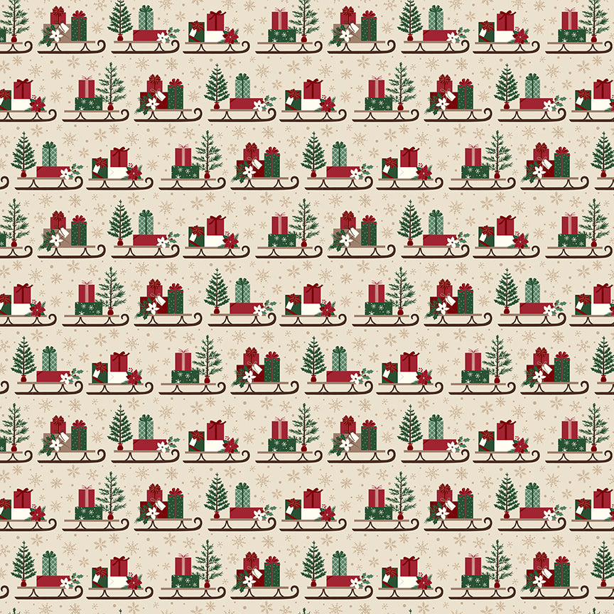 Fabric pattern Sleds: A playful toss print of vintage sleighs stacked with wrapped presents and pine sprigs. Background Colors: Forest, Linen, and Tan from The Christmas Time fabric collection by Dani Mogstad for Riley Blake Designs features nostalgic, vintage-inspired holiday look. It captures the charm of the season with woodland deer, vintage Santas, and holiday foliage. The collection spans a classic palette of red, green, and neutral tones.