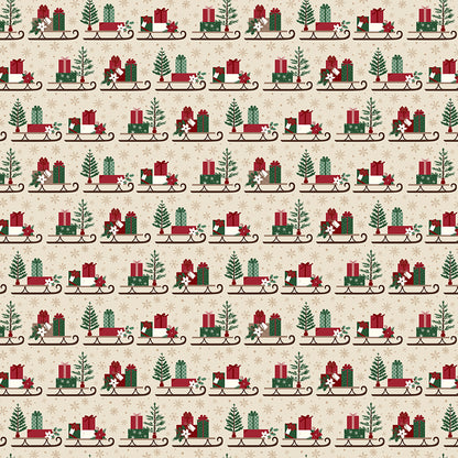 Fabric pattern Sleds: A playful toss print of vintage sleighs stacked with wrapped presents and pine sprigs. Background Colors: Forest, Linen, and Tan from The Christmas Time fabric collection by Dani Mogstad for Riley Blake Designs features nostalgic, vintage-inspired holiday look. It captures the charm of the season with woodland deer, vintage Santas, and holiday foliage. The collection spans a classic palette of red, green, and neutral tones.