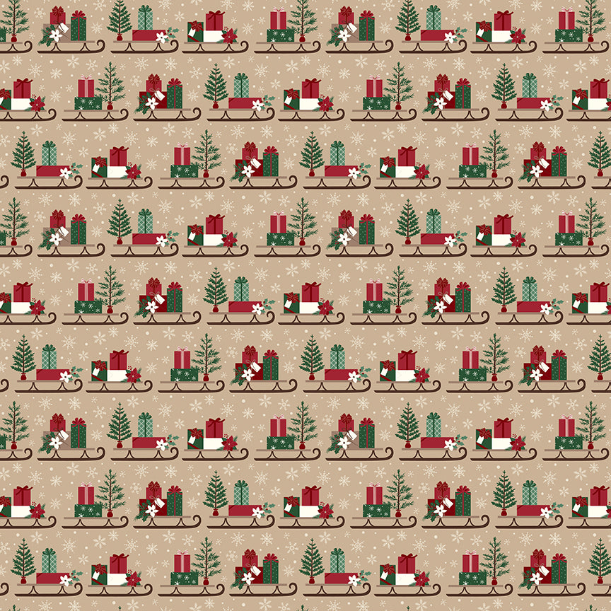 Fabric pattern Sleds: A playful toss print of vintage sleighs stacked with wrapped presents and pine sprigs. Background Colors: Forest, Linen, and Tan from The Christmas Time fabric collection by Dani Mogstad for Riley Blake Designs features nostalgic, vintage-inspired holiday look. It captures the charm of the season with woodland deer, vintage Santas, and holiday foliage. The collection spans a classic palette of red, green, and neutral tones.
