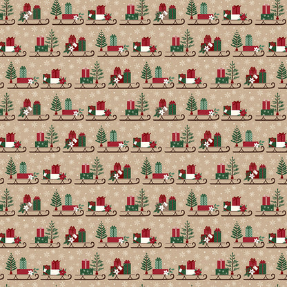 Fabric pattern Sleds: A playful toss print of vintage sleighs stacked with wrapped presents and pine sprigs. Background Colors: Forest, Linen, and Tan from The Christmas Time fabric collection by Dani Mogstad for Riley Blake Designs features nostalgic, vintage-inspired holiday look. It captures the charm of the season with woodland deer, vintage Santas, and holiday foliage. The collection spans a classic palette of red, green, and neutral tones.