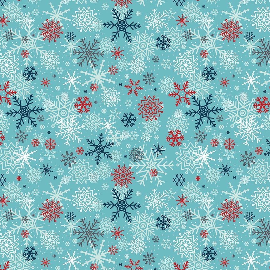 Pattern Snowflakes in Blue Powder and white featuring a mesmerizing array of large and small geometric and lacy snowflakes scattered across the fabric. Pattern is part of the A Perfect Winter Fabric collection by Lori Whitlock for Riley Blake Designs is a festive 100% cotton line. It features a cozy palette of icy blues, powder white, and rich red. This collection is perfect for winter projects, quilts, apparel, and home decor.