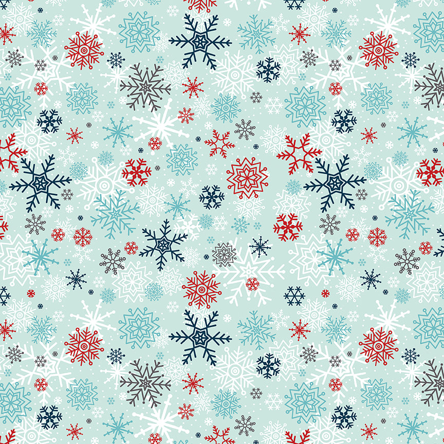 Pattern Snowflakes in Blue Powder and white featuring a mesmerizing array of large and small geometric and lacy snowflakes scattered across the fabric. Pattern is part of the A Perfect Winter Fabric collection by Lori Whitlock for Riley Blake Designs is a festive 100% cotton line. It features a cozy palette of icy blues, powder white, and rich red. This collection is perfect for winter projects, quilts, apparel, and home decor.